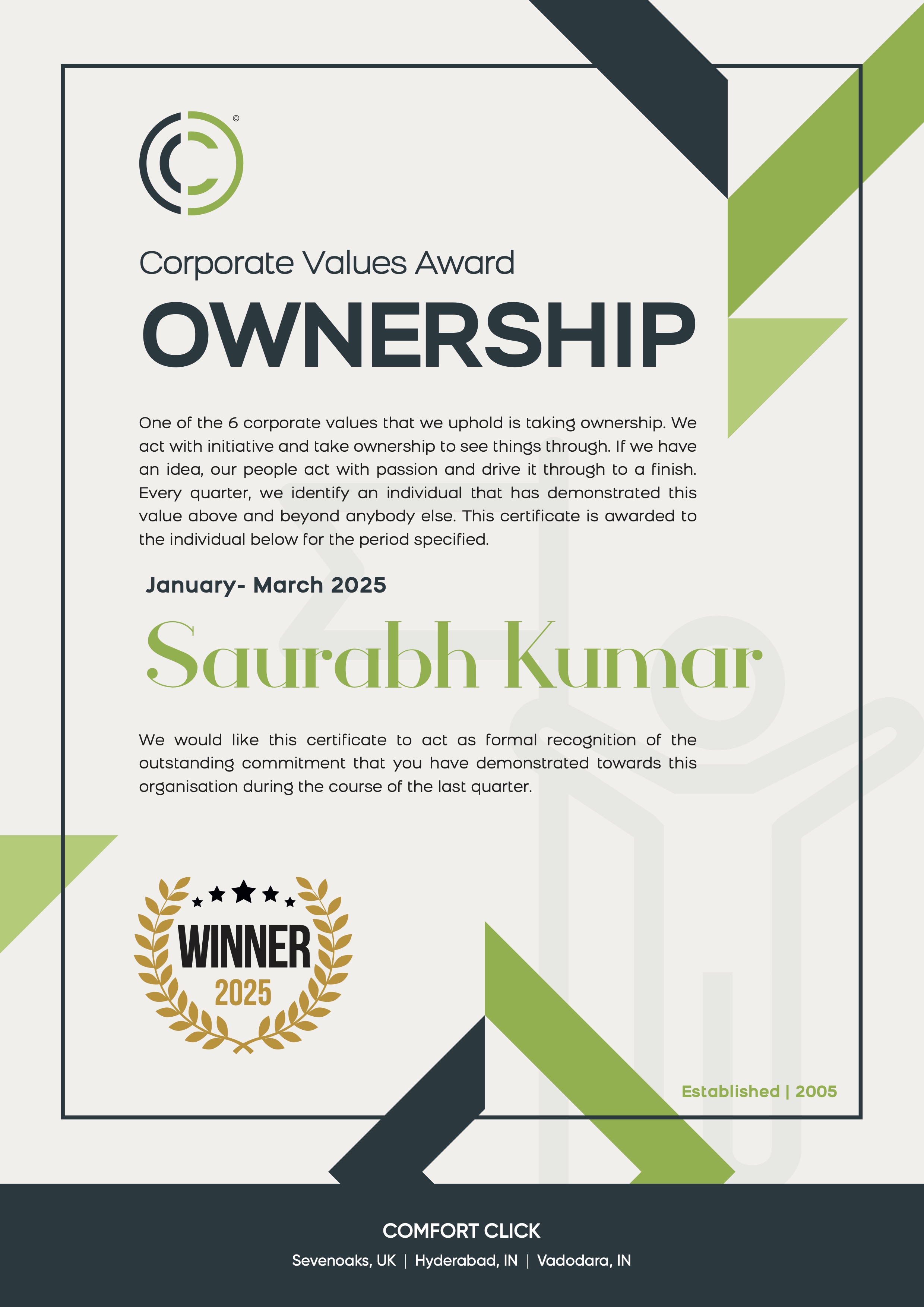 Corporate Values Award — Ownership certificate awarded to Saurabh Kumar by Zydus Wellness