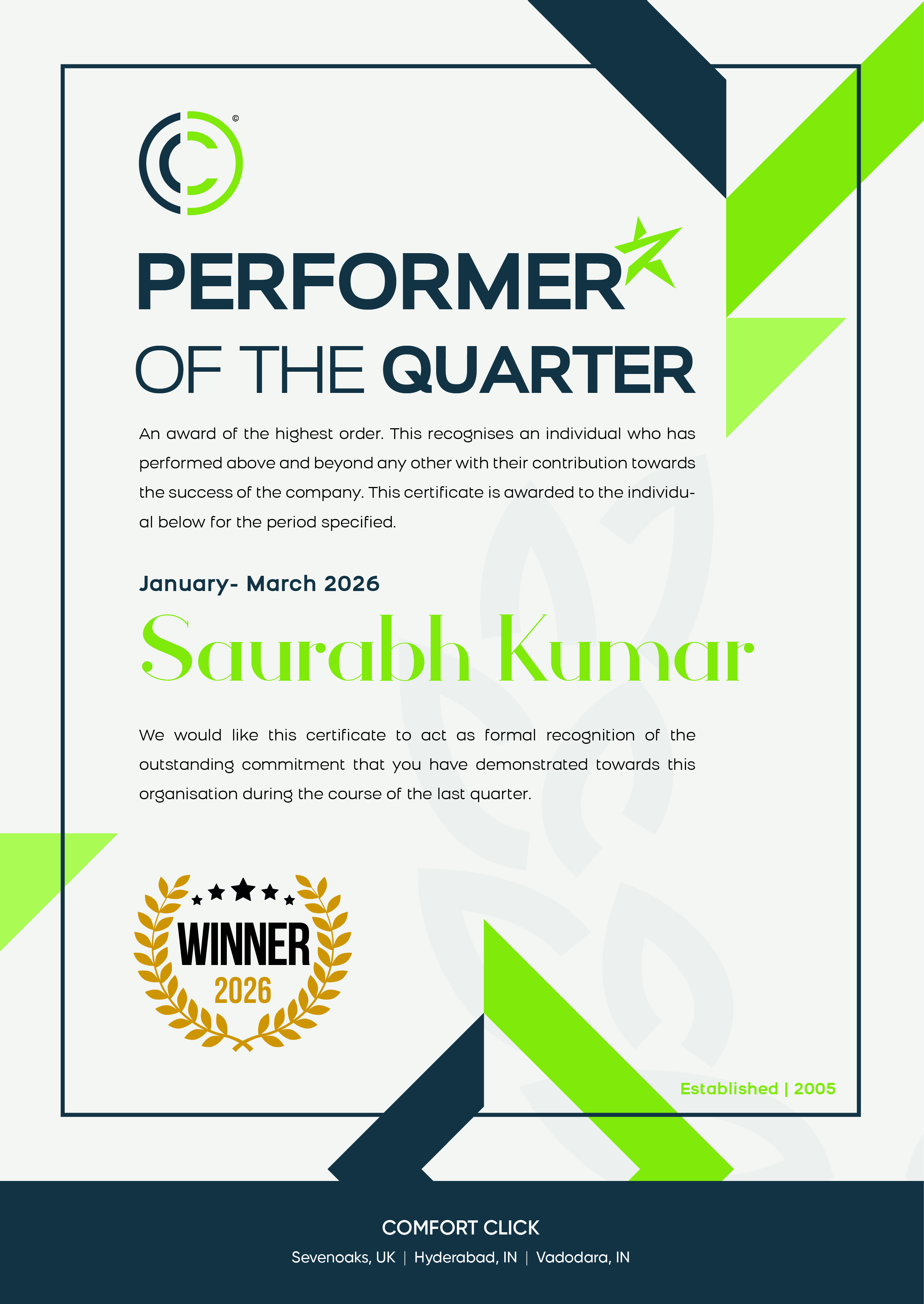 Performer of the Quarter certificate awarded to Saurabh Kumar by Zydus Wellness